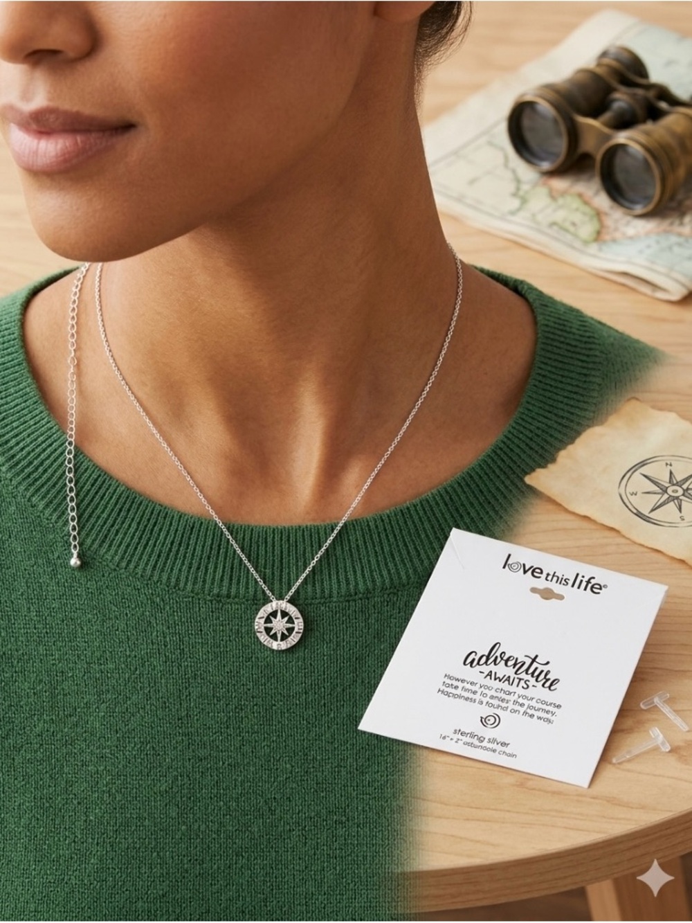 Sterling Silver Compass Pendant Necklace